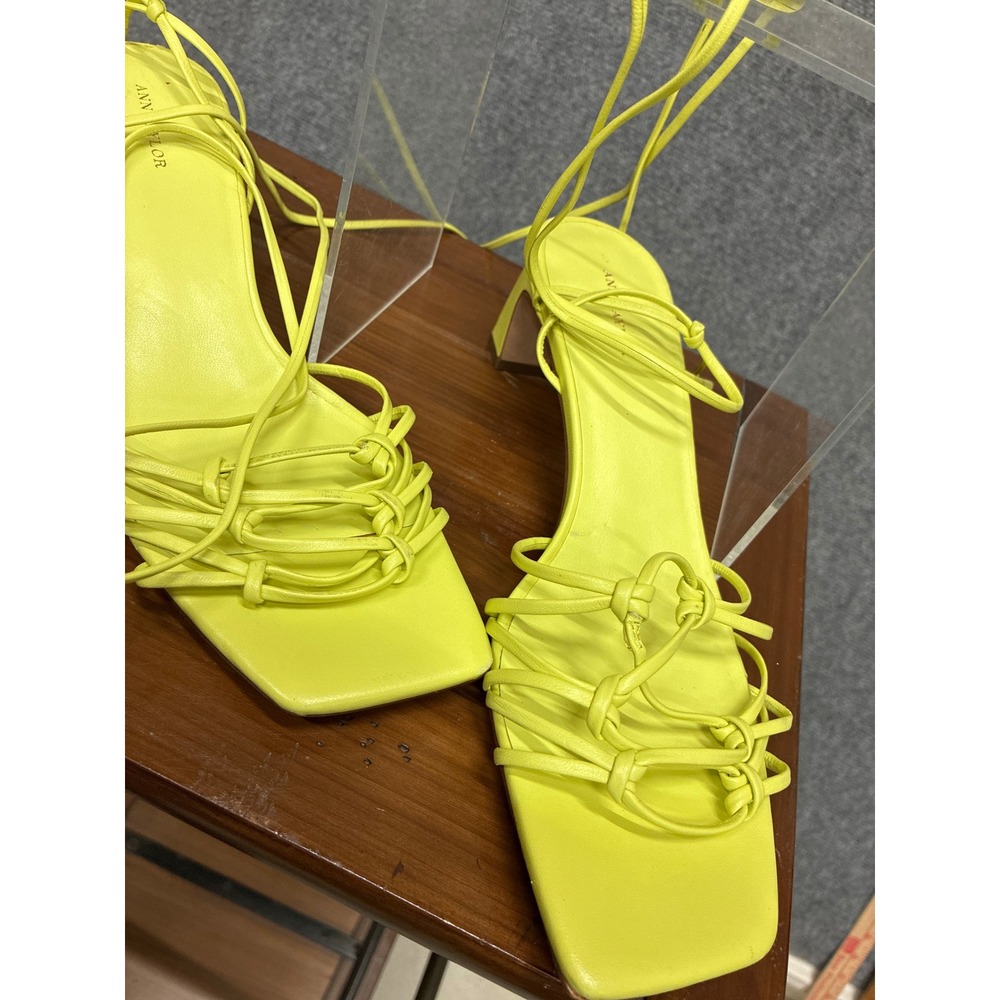 Strappy Neon Yellow Ann Taylor Leather Lace Up Block Heel Sandals Square Toe 8M